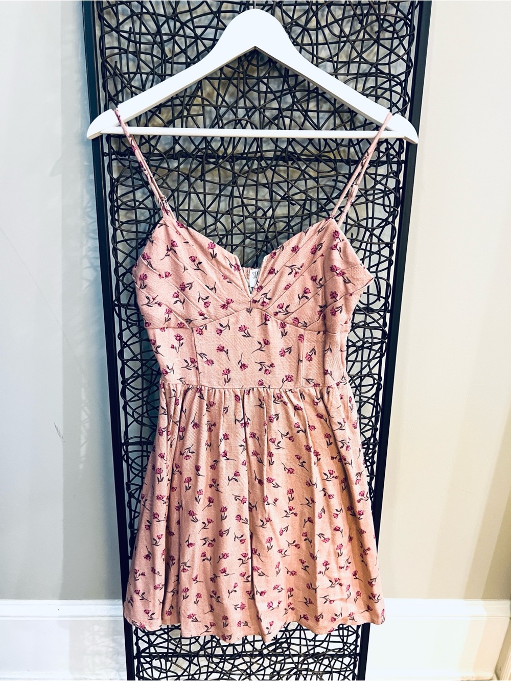 Sienna Sky Linen Blend Pink Floral Mini Sundress fit Flare fitted bodice smock S